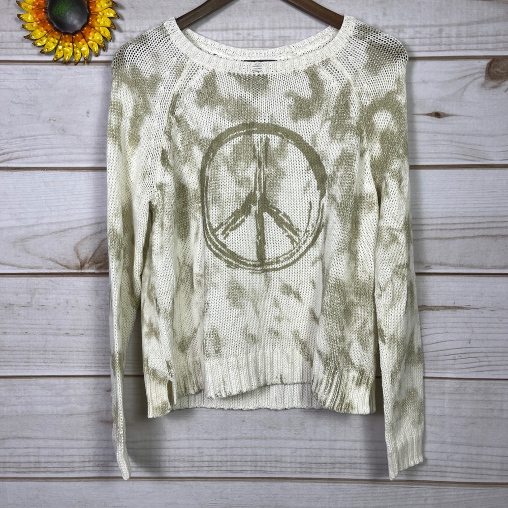 Wooden Ships Peace Sign Tie Dye Knit Sweater Olive White S/M Summer Cotton